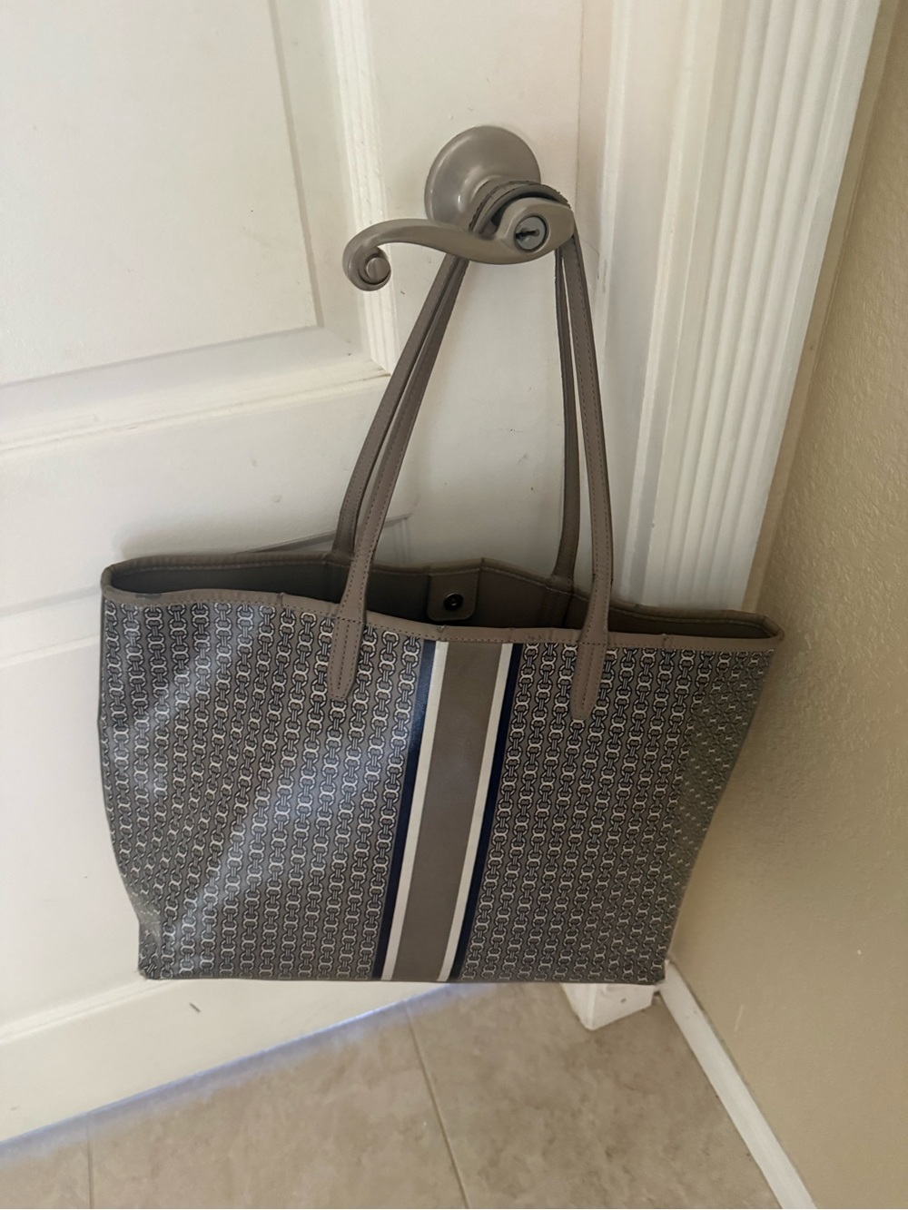 Tory Burch Taupe Logo Tote with Center Stripe